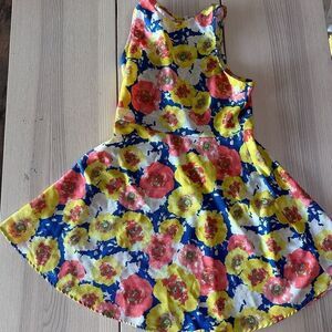 Everly fit & flare skater dress blue with yellow pink & white floral print- L
